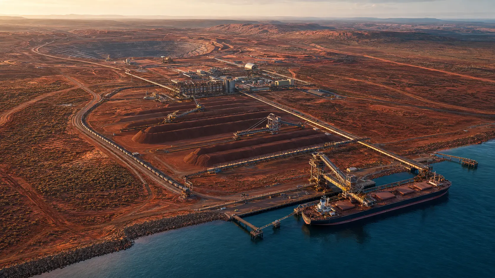 Project design vision showing a North West Australian iron ore mine, processing facilities, logistics corridor and export port