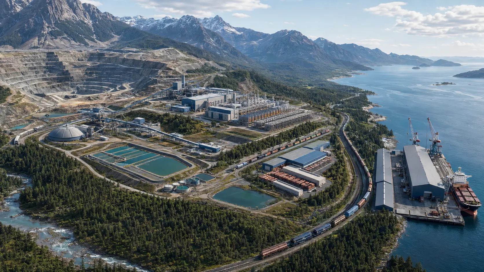 Project design vision showing a British Columbia copper mine, processing and cathode-refining complex with a Pacific export terminal